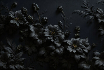 black flowers on black background