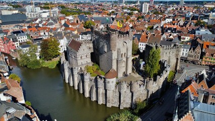 drone photo Château des comtes de Flandres, Gravensteen Gand Belgique europe	