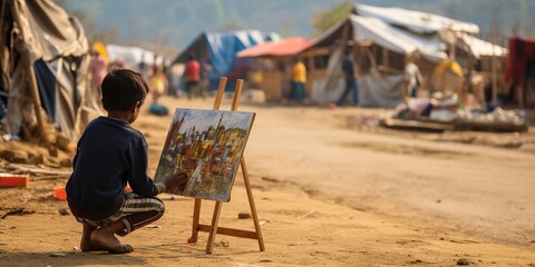 Young child drawing a picture of their former home amidst the tents of a temporary settlement , concept of Art therapy - obrazy, fototapety, plakaty