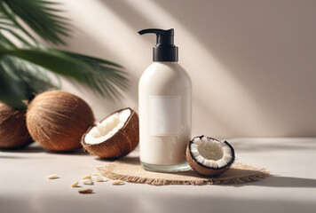 spa still life with bottle of coconut lotion mockup