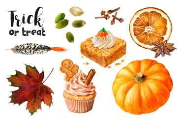 Watercolor illustration of pumpkin, leaves and desserts close up. A hand-drawn haloween autumn set.