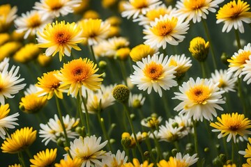 Obraz premium Vibrant yellow and white daisies in a lush summer garden, beautiful blooming chamomile flowers with bright golden centers, fresh floral background for seasonal spring greeting cards.
