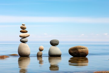 Beautiful landscape with rocks stacked in sea water. Generative AI