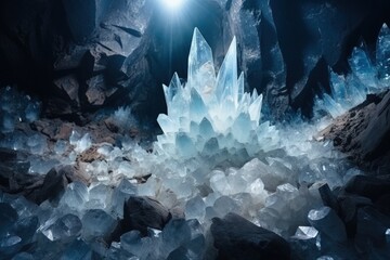 Underground cave full of crystals. Generative AI - obrazy, fototapety, plakaty