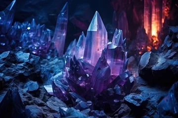 Papier Peint photo Blue nuit Underground cave full of crystals. Generative AI