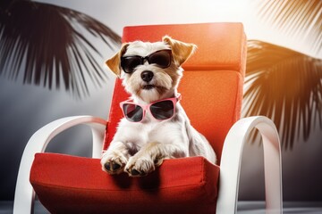 Cute dog with sunglasses on the beach. Generative AI