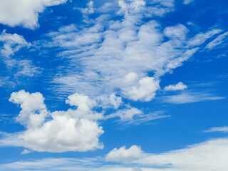 Photograph of somewhat chaotic white clouds in a blue sky, sunny day