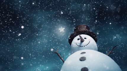 Smiling and hat-wearing snowman seen from below, with a starry night sky. Horizontal image.