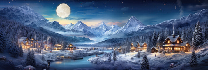 Village in winter on Christmas, landscape of mountains, moon and snow