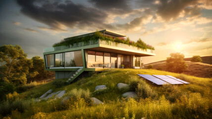Modern sustainable house with solar panels, energy saving technology - obrazy, fototapety, plakaty