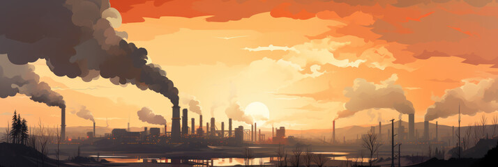 Factory pipes emitting smoke, plant and dirty air, illustration - obrazy, fototapety, plakaty