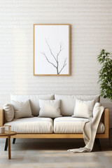 Frame mockup poster on light wall above couch, home interior design