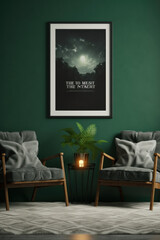 Frame mockup poster on dark green wall above armchairs and plant