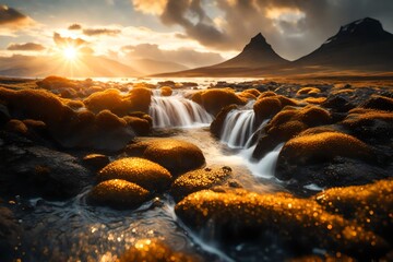 Icelandic  with water drop with golden sunlight.