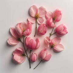 Pink cherry blossom petals on white background. Flat lay, top view