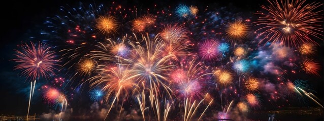 Fototapeta premium Fireworks Background Colorful Firework Wallpaper Fireworks Illustration Glowing Colorful Fireworks On Dark Sky AI Generative
