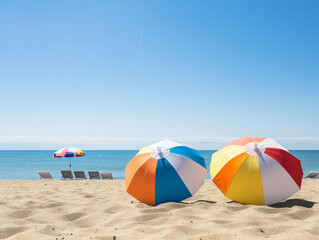 Colorful beach umbrellas dot the sandy shore while beach balls float in the crystal-clear blue water.