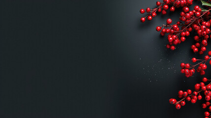 Composition with fresh ripe berries and christmas decorations on grey background.