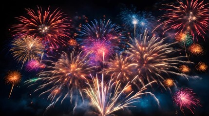 Naklejka premium Fireworks Background Colorful Firework Wallpaper Fireworks Illustration Glowing Colorful Fireworks On Dark Sky AI Generative