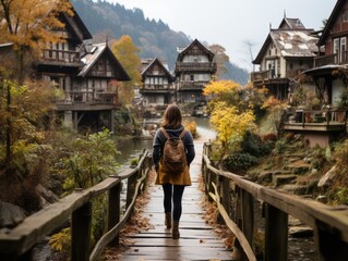 person walking on bridge, traveling through an old village, enjoying the view
