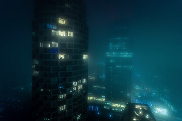 Foggy night in London financial district with offices 