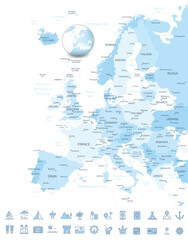 Europe map and Travel Flat Icons with Spotted Soft Blue Colors