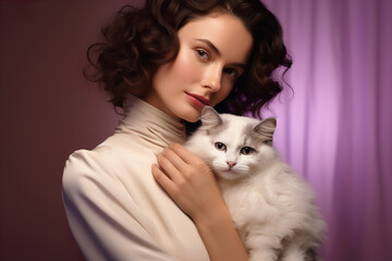 Sophisticated woman in formal attire, cradling her calm Ragdoll cat in her arms