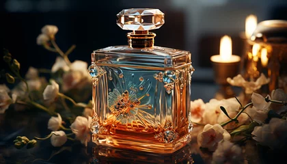 Fotobehang Luxury perfume bottle, flower decoration, nature candle, aromatherapy romance elegance generated by AI © djvstock