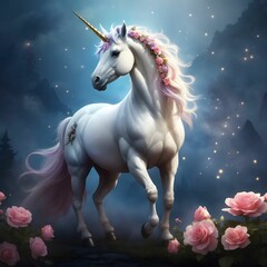 Fototapeta premium Mythical Unicorn Cute Colorful Magic Unicorn With Flowers Adorable Unicorn On Flying Cloud AI Generative