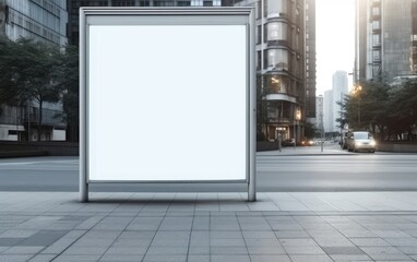 Vertical blank white billboard at bus stop on a city street