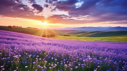 A breathtaking sunrise paints a stunning rural landscape with a panoramic view in soft colors.