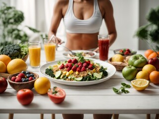Seemingly healthy individuals in front of a white table with healthy food. A clear, clean image representing a healthy and balanced diet with a healthy lifestyle.