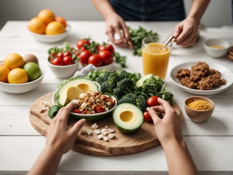 Seemingly healthy individuals in front of a white table with healthy food. A clear, clean image representing a healthy and balanced diet with a healthy lifestyle.