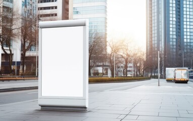 Vertical blank white billboard at bus stop on a city street