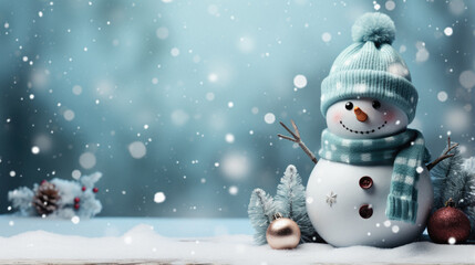 Fototapeta premium Happy christmas card with snowman and fir trees.