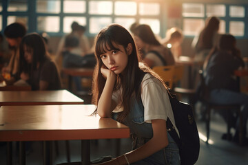 Teenage girl sits alone in a school cafeteria