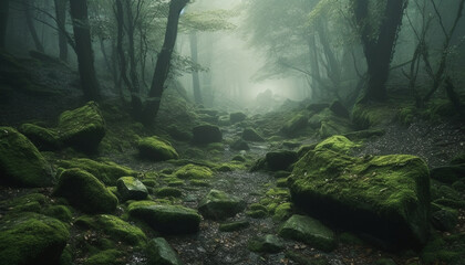 Mysterious fog shrouds tranquil forest scene beauty generated by AI