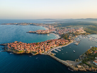 Aerial sunset view of old town of Sozopol, Bulgaria - obrazy, fototapety, plakaty