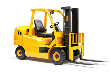 Yellow forklift for use in a warehouse, pivotal for logistics, material handling, and storage, isolated on a white background