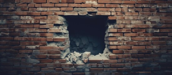 The white square hole in a vintage wall on the brick floor