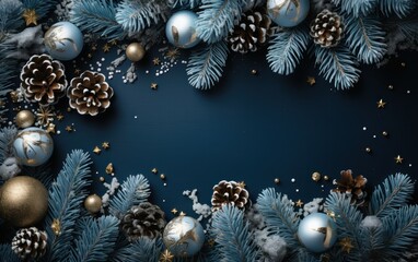 Obraz na płótnie Canvas Blue Merry Christmas background with pine cones, twigs and shiny balls. Christmas celebrate greeting backdrop with free space for your wishes. Mockup template