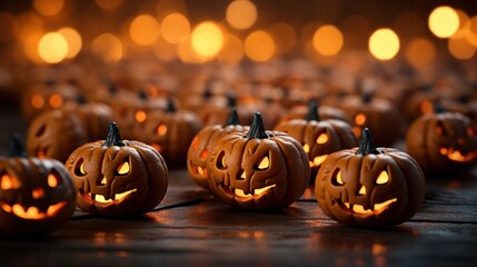 Halloween glowing pumpkins. Holiday Halloween concept with bokeh orange background. Jack-o'-lantern symbol