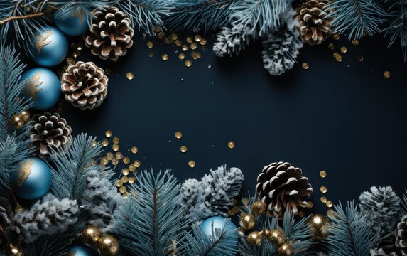 Blue Merry Christmas background with pine cones, twigs and shiny balls. Christmas celebrate greeting backdrop with free space for your wishes. Mockup template