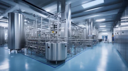 Foto op Plexiglas Equipment dairy plant, milk factory industry. Stainless steel storage and processing tanks. © PaulShlykov
