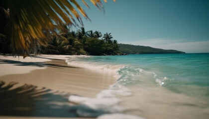 Fototapeta na wymiar Idyllic tropical coastline, turquoise waters, palm trees, tranquil scene, relaxation generated by AI