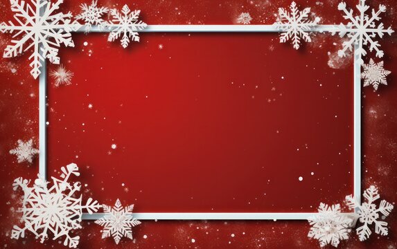 White snowflakes on the red background with free space for your wishes. Modern Christmas holiday card. Merry Christmas