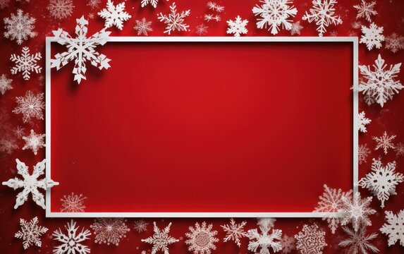 Red Christmas background with white snowflakes and frame with free space for your wishes. Merry Christmas holiday card