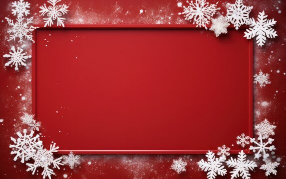 Red Christmas background with white snowflakes and frame with free space for your wishes. Merry Christmas holiday card