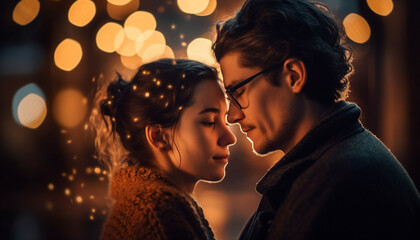 Young couple enjoying winter night, embracing and smiling with happiness generated by AI