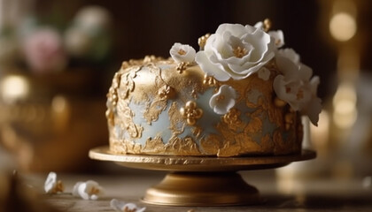 Homemade wedding cake with chocolate icing and flower decoration generated by AI